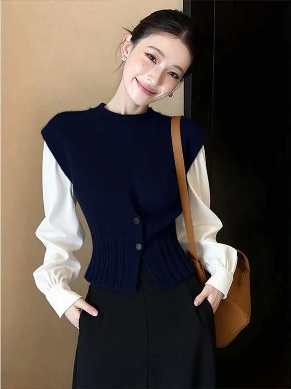 Spring Autumn Black Knitted Top Women's round Neck Splicing Design Unique Beautiful Vest Fashionable Short Length Single Button