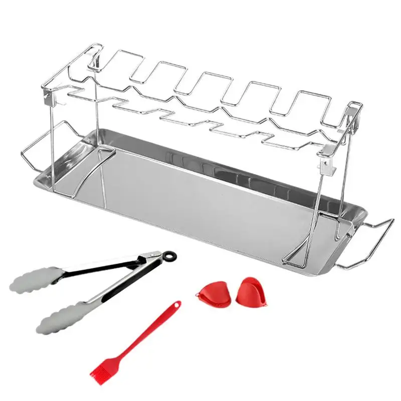 

Chicken Leg Rack 12 Slots Folding Stainless Steel Roaster Stand Portable Chicken Grill Rack Metal Roaster Stand With Drip Pan