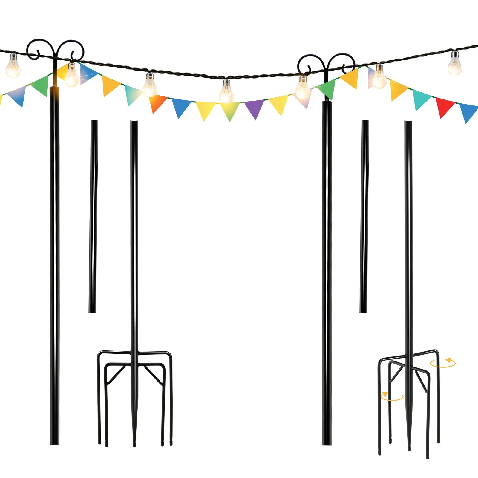 

10 FT String Light Poles 2 Pack Metal Poles w/ Top Arc Hook & 5-Prong Base Black