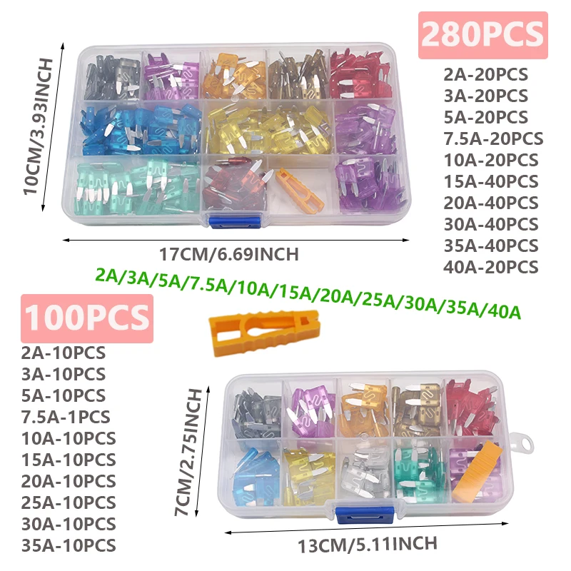 280Pcs Small Fuses + Fuse Puller Mini Blade Type Standard Type for Small Cars Safety Circuit Protection Multi-Ampere Combination (2A-40A) - All-In-One Car Fuse Set