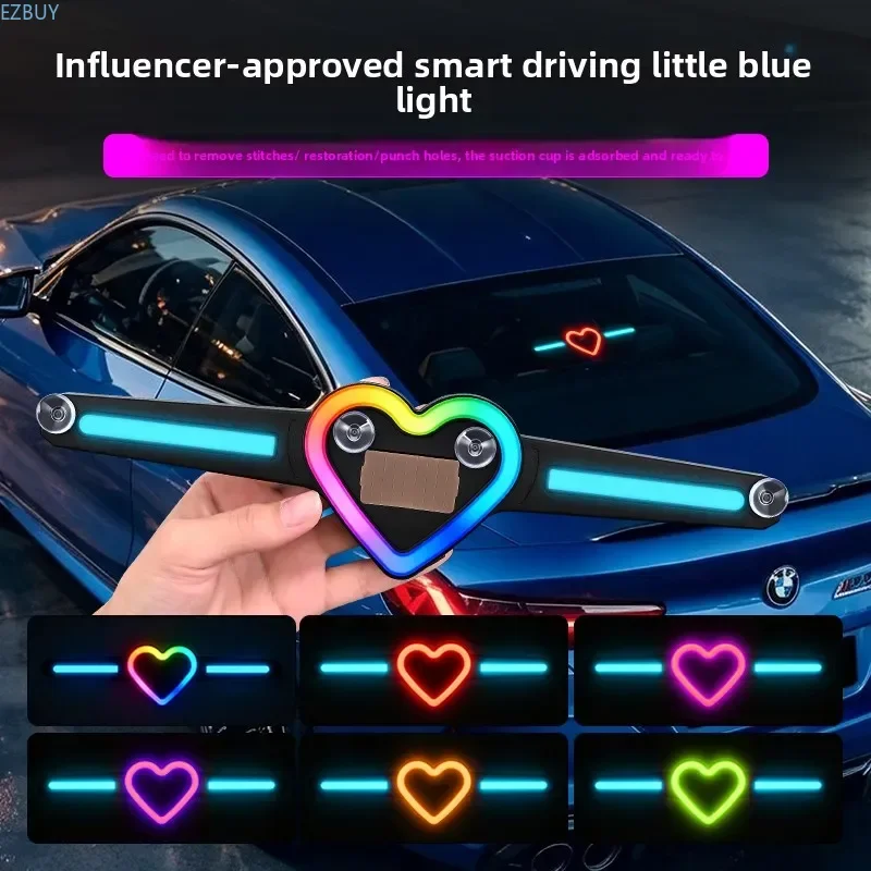 ソーラーハートledカーアトモスフェアライト、吸盤式で配線不要、多機能モード、リアテール装飾、警告灯、カーアクセサリー。