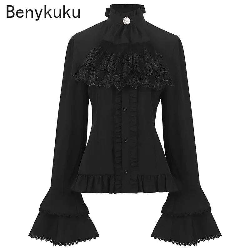 Gothic Pirate Shirt Women Vintage Medieval Costume Cosplay Steampunk Victorian Tops 2025 Ruffle Lace Long Sleeve Pleated Blouse