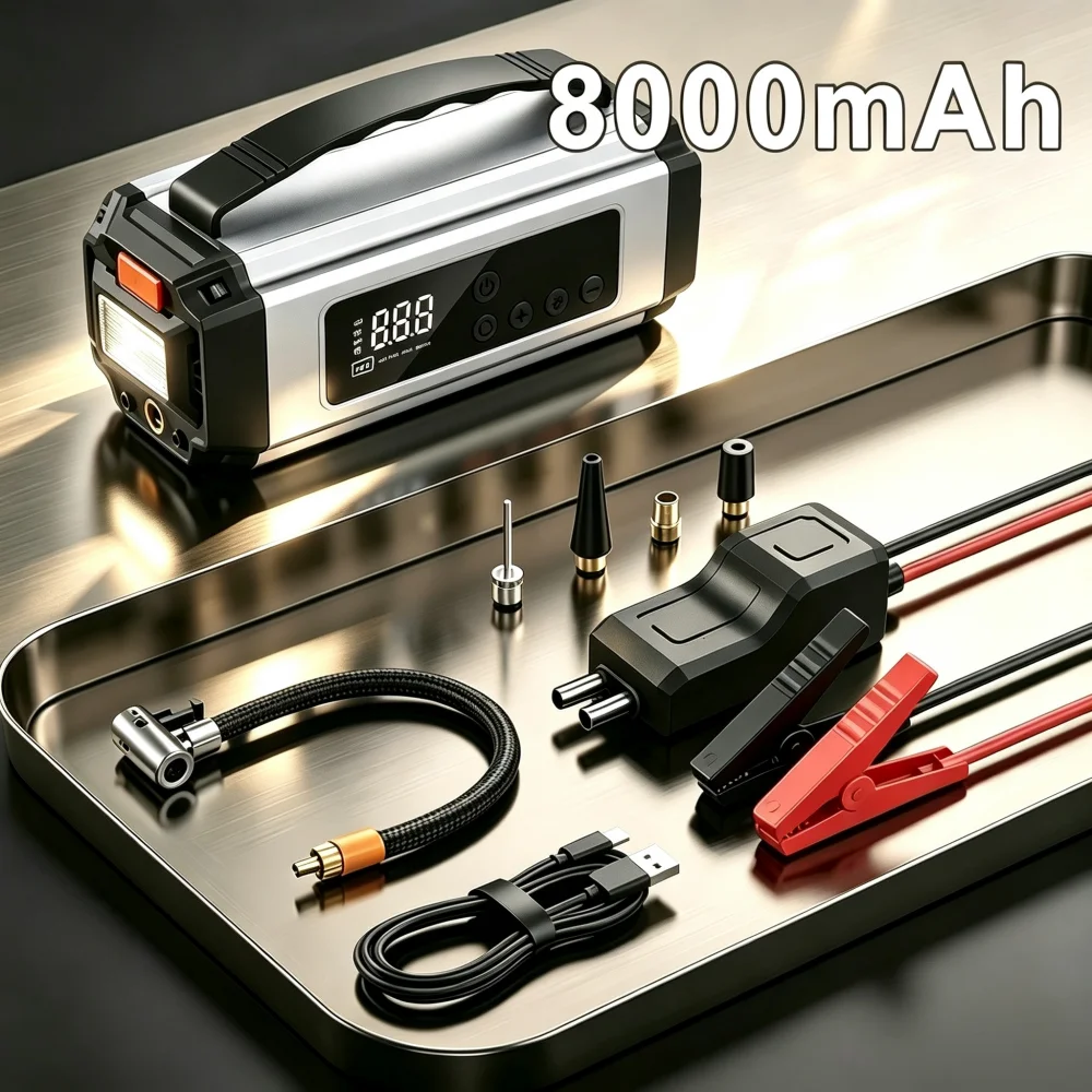 Multi‑Functional Car Jump Starter Air Compressor Inflator Pump LED Emergency Light Wireless Wired 12V Vehicle Booster Power Bank