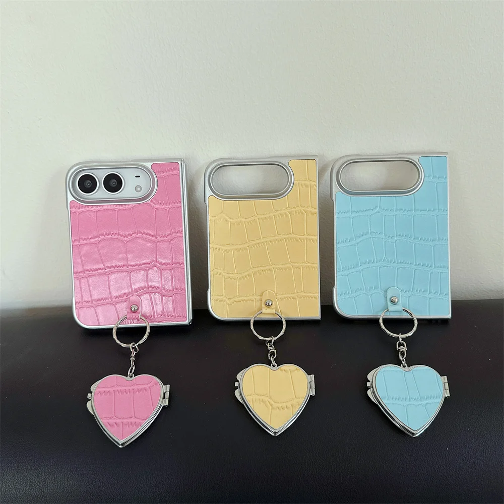 Kawaii Korea Cute Croc Texture Heart Mirror Charm Phone Case For iPhone Duo Sweet PU Leather Hard Protective Phone Cover Funda