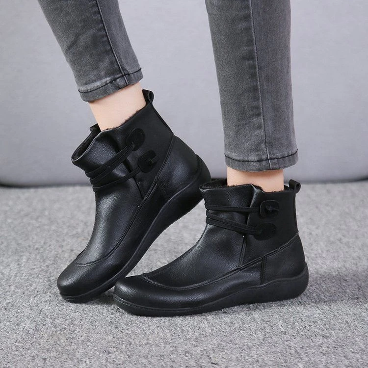 Women Vintage Round Toe PU Leather Slip on Ankle Boots Retro Loose Fit Unisex Plus Size 35-43 Fashion Flat Casual Boot Shoes