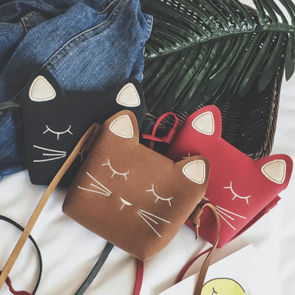 Bolso bandolera mini de moda, de cuero esmerilado con diseño de gato, bolso de hombro de gran capacidad, bolso de mensajero para niñas y niños.