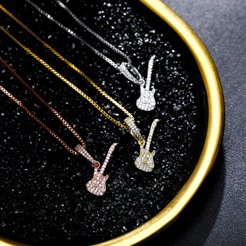 

S925 Sterling Silver Hip Hop Micro Pave Cubic Zirconia Bling Ice Out Guitar Pendants Necklaces for Women Men Fashion Jewelry