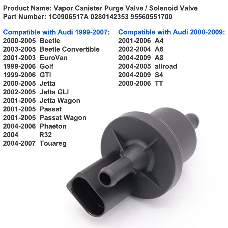 Vapor Canister Purge Valve 1C0906517A 0280142353 95560551700,1999-2007 for VW Beetle Phaeton Touareg,2000-2009 for Audi A4 A6 A8