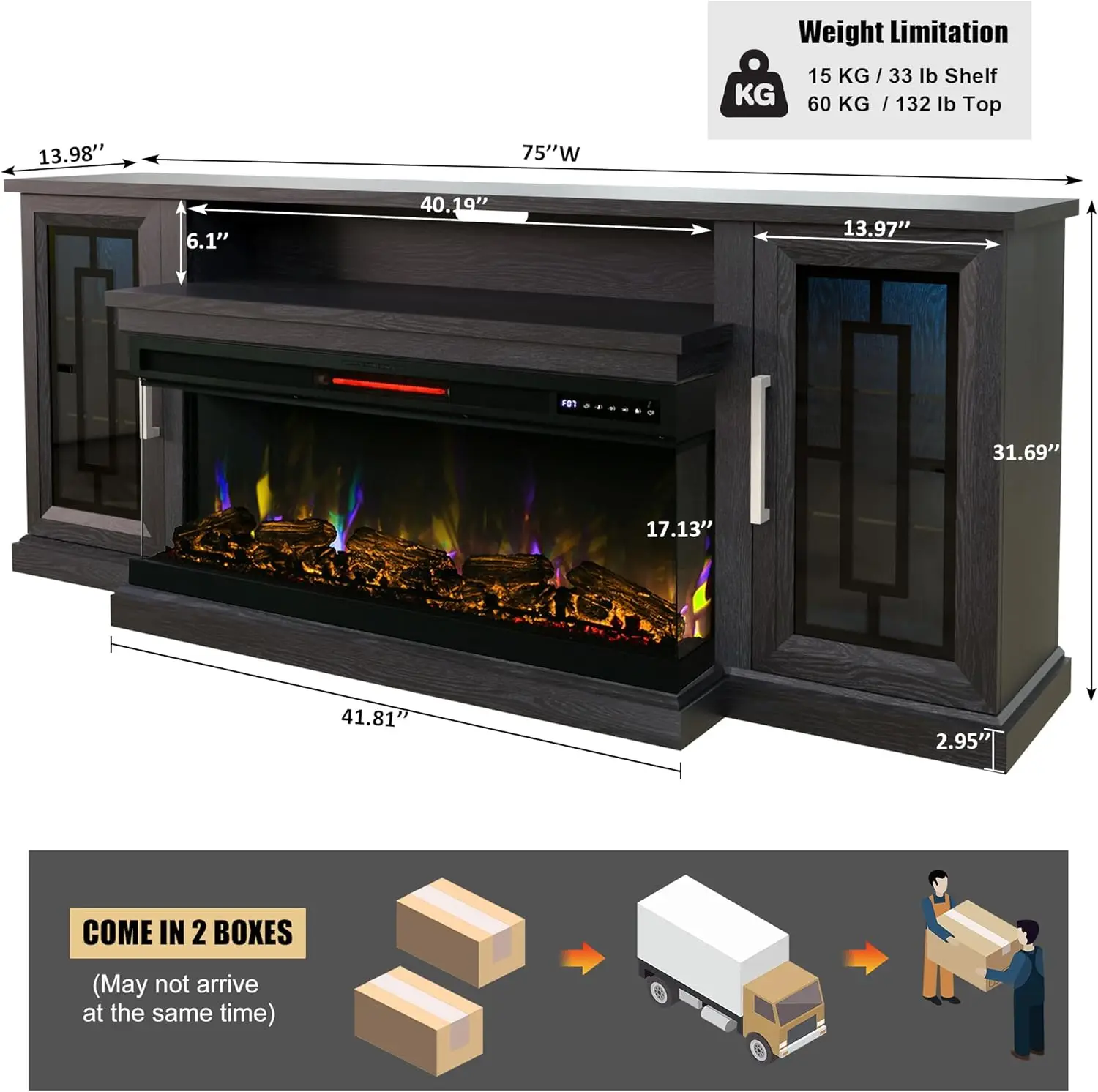 75 Inch Electric Fireplace TV Stand, 3- Side Glass LED Modern Media Entertainment Center Console Table Black