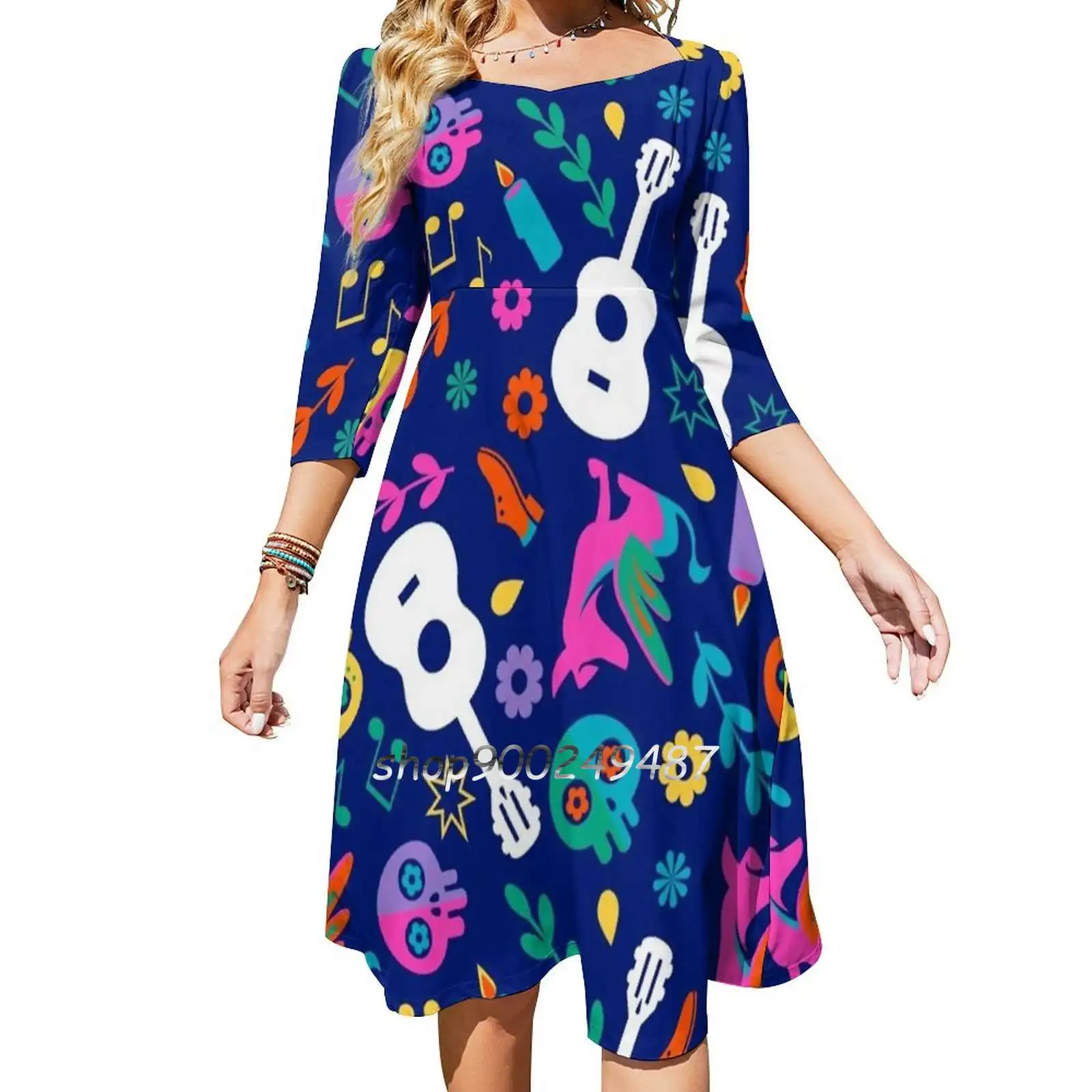 Mi Familia Square Neck Dress Sweet Summer Dress Women Multiple styles Print Dress Day Of The Dead Mexico Music Xoloitzcuintle