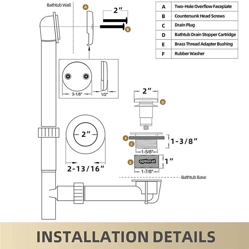 AA10RR Bathtub Drain Toe Bath Tub Drain Kit with Two-Hole Overflow Faceplate, Bath Tub Drain Set Replacement Assembly