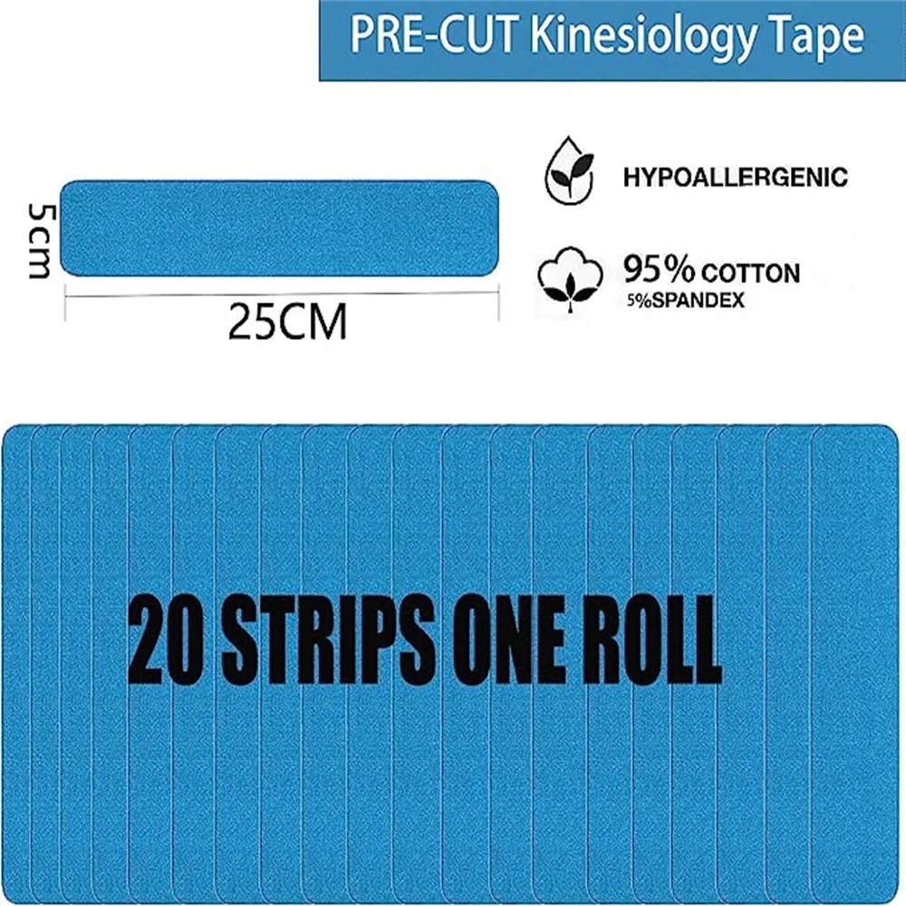 Kinesiology Tape Pro Athletic Sports (20 Precut Strips) Waterproof Elastic Adhesive Tape Muscle Pain Relief Joint Support