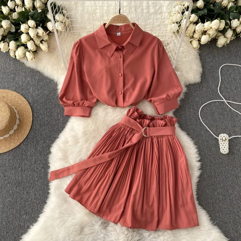 Two Peice Set For Women Summer Turn Down Collar Crop Top Shirt Pleated Mini Skirt Set Tracksuit Lounge Club Outfits Streetwear