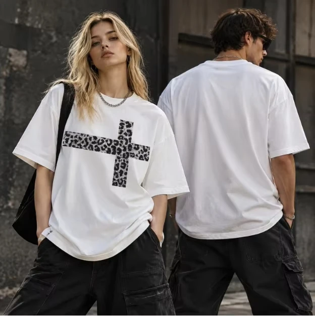 Vintage Leopard Cross Graphic T Shirt Y2K Punk Distressed Print Short Sleeve Crew Neck Loose Streetwear Tee Unisex Tops