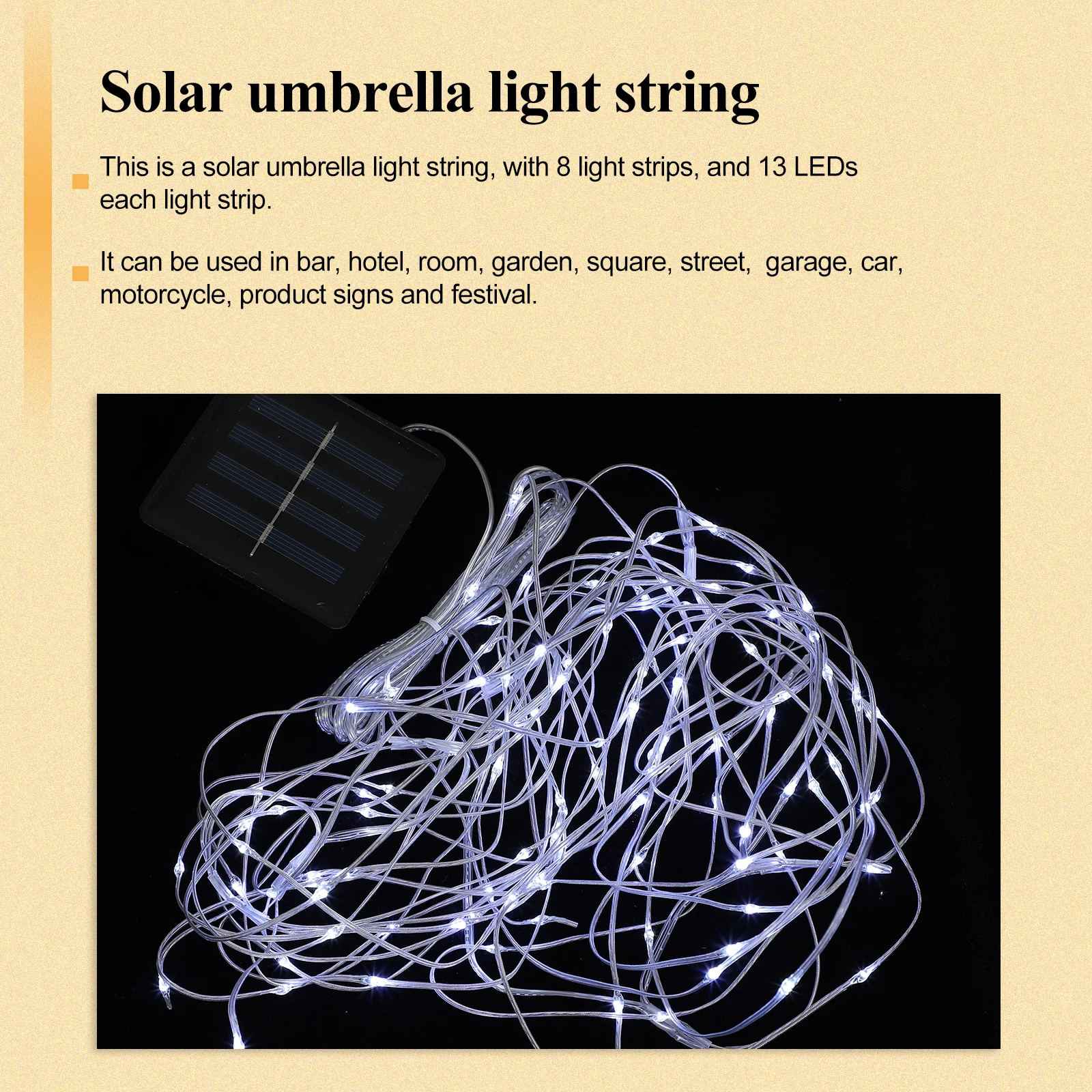 

Solar Umbrella Lights 8 Strips 13 LEDs Outdoor Waterproof String Lamp Patio Table Warm Lighting Bar Hotel Street