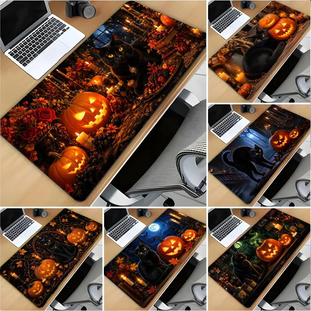 Halloween Black Cat, Pumpkin Candle Mouse Pad Large Mouse Pad Desk Mat Non‑Slip Gaming Board Game Mat with Stitched Edges