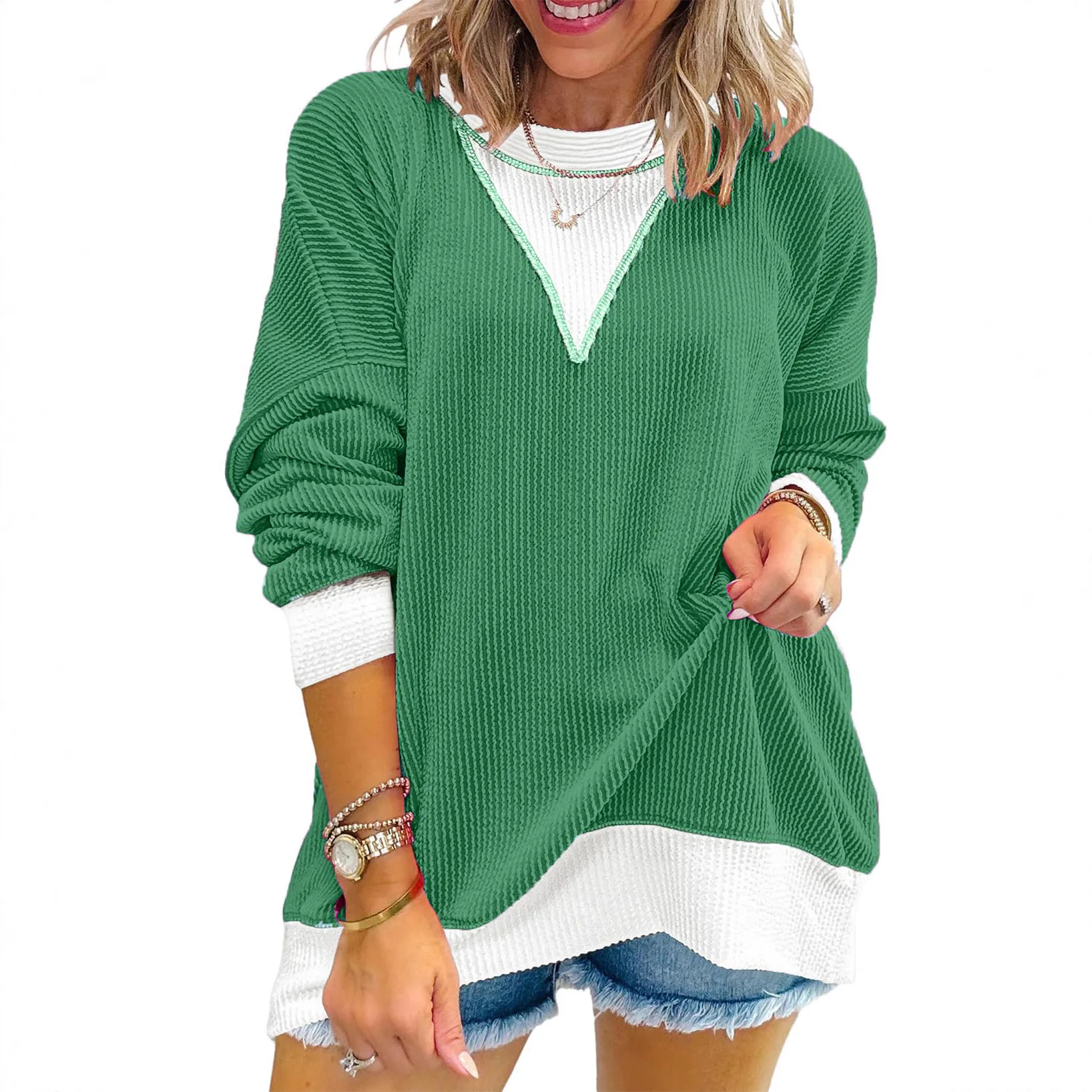 

2025 Spring and Autumn Women's Pullover Patchwork Fashion O-neck Top Loose Long Sleeve Casual Sweater for Female