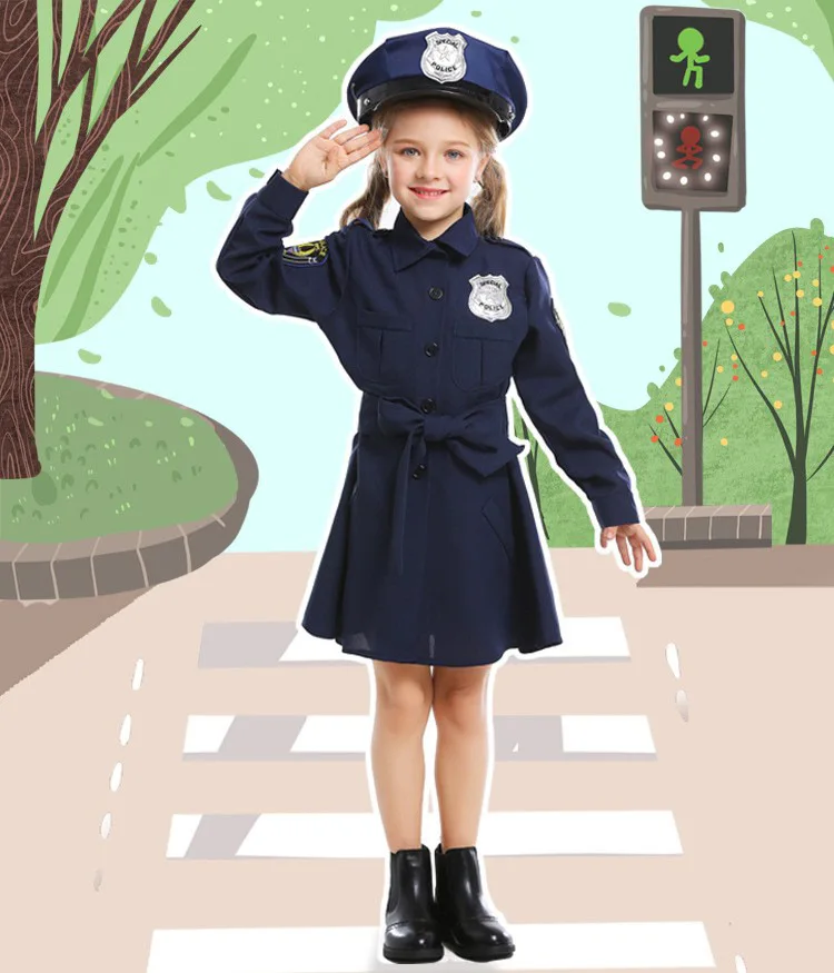 

Policewoman Role Play Kids Halloween Girls Cosplay Costume Police Uniform Long Sleeve Sexy Blue Dress Hat Party Fancy Dress