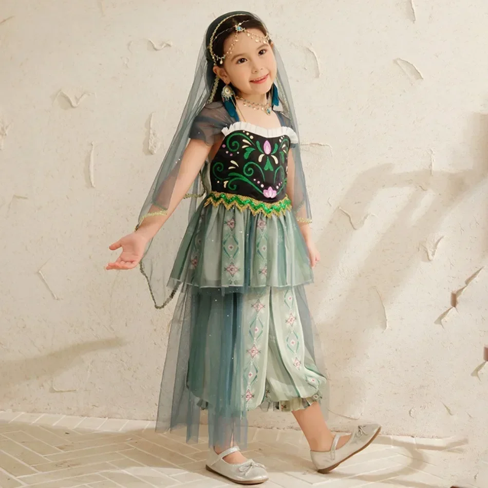 Girls 2pcs Anna Cosplay Costumes Frozen Flower Jasmine Princess Dress Aladdin Princess Dress Sets Children Dress COS Playsuit