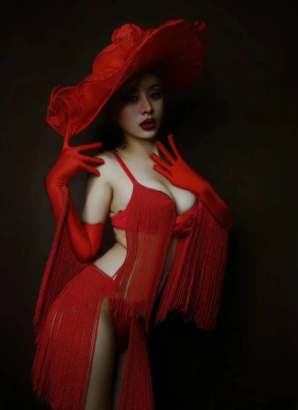 Maillot de bain à franges rouges pour femmes, vêtements de scène, discothèque, ouverture de danse, modèle DJ Show, coiffure, chapeau, Costume de spectacle pour femmes