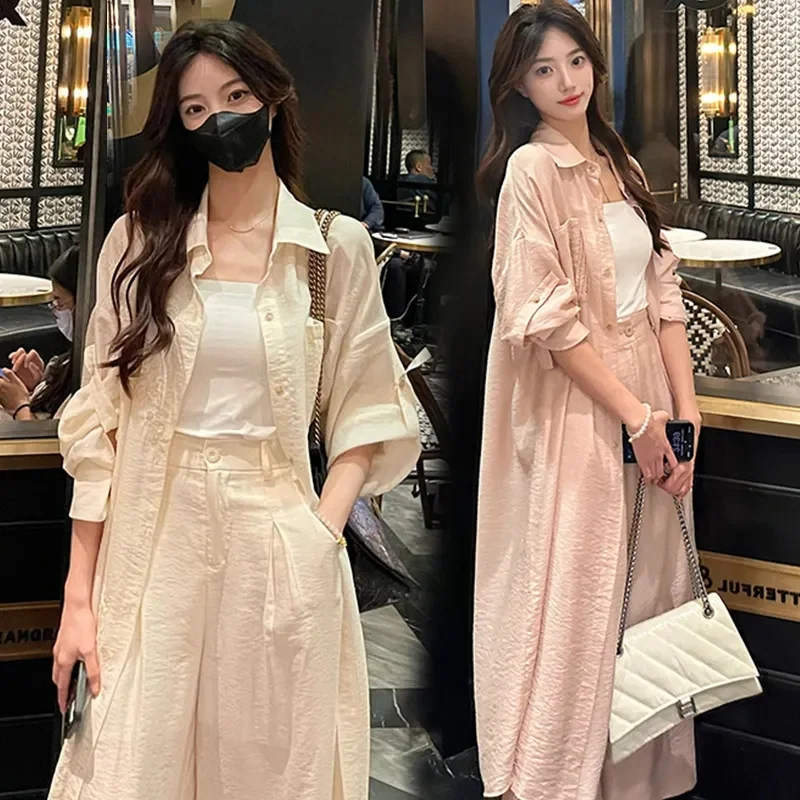 Fashion Suit Women's Summer New Long Over Knee Sunscreen Jacket High Waist Slimming and Wide Leg Pants Two-piece Set for Women