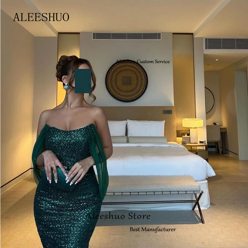 Aleeshuo elegante sirena saudita arabo donne verde paillettes abiti da sera Sexy senza spalline abiti da ballo occasioni formali vestito partito