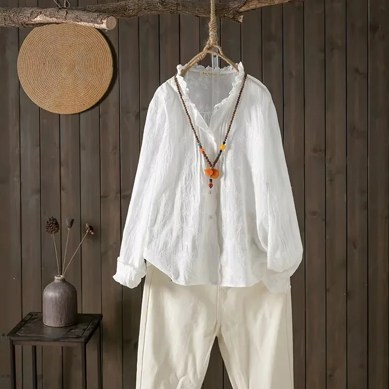 New 2025 Spring Cotton Long Sleeve Shirt, Women Ruffled Embroidery, Mori Girl Vintage French Design White Loose Blouse T53515CC