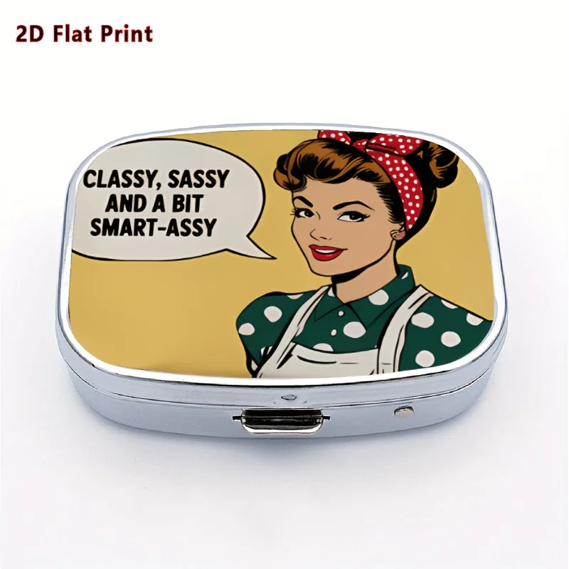 Flat 1-Piece Housewife Illustration-Style American Retro Pop Art Design Rectangular 2-Compartment Medicine Box Multifunctional Storage, Suitable for Home Travel Portable Storage Organizer - a Great Holiday Gift for Friends and Family
