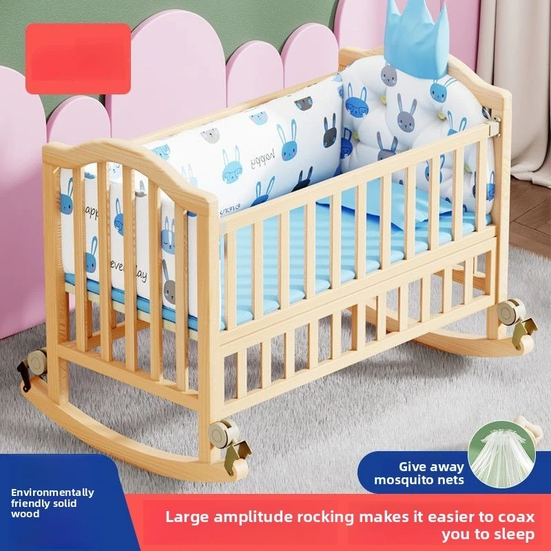 Crib Solid Wood Unpainted Multifunctional Splicing Large Bed Mobile Baby Cradle Newborn Children's Sleeping Bed