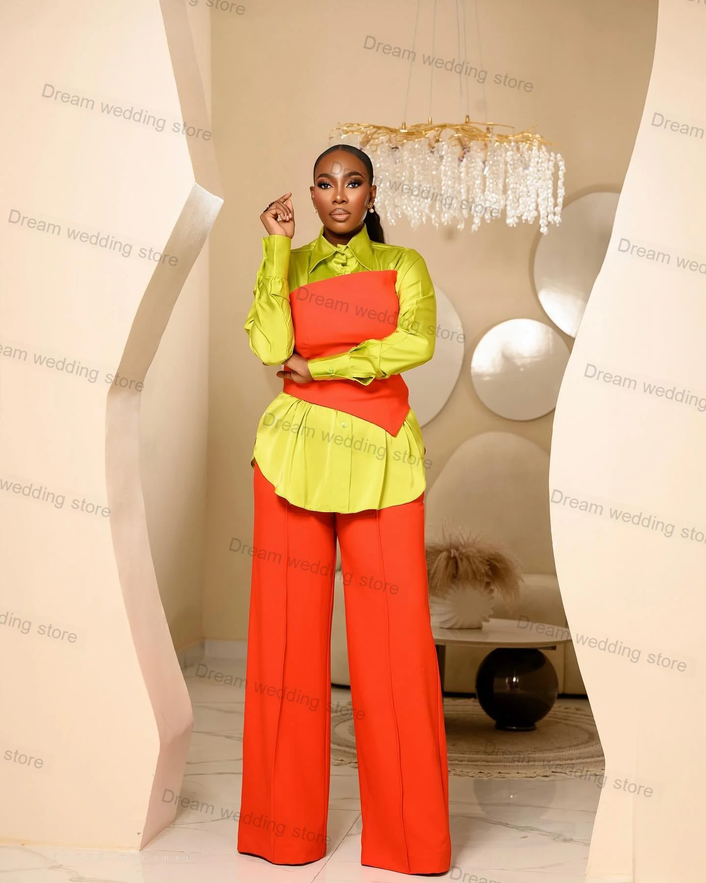 Yellow Orange Women Suits Pants Set 2 Piece Blazer+Trousers Wedding Tuxedo Tailored Size Formal Splicing Colors Prom Jacket Coat