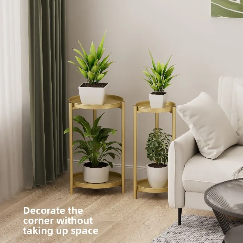 #Nordic Iron Art Non-Folding Floor-Type Double-Tiered Column-Shaped Flower Stand Storage Shelf Light-Luxury Pothos Flower Pot