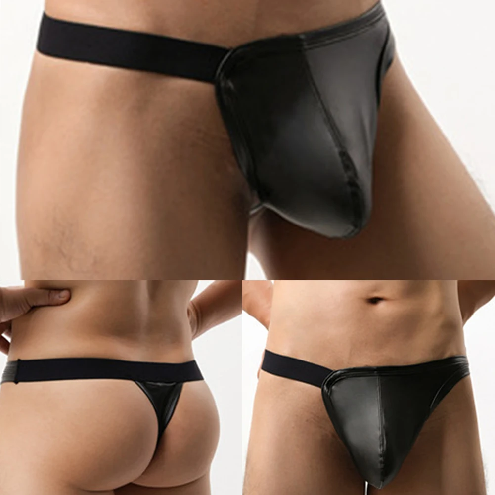 

Men Sexy Faux Leather Briefs Femboy Underwear Low-Rise Lingerie Erotic Hombre T-back Hollow Thongs Soft Sleep Underpants Classic