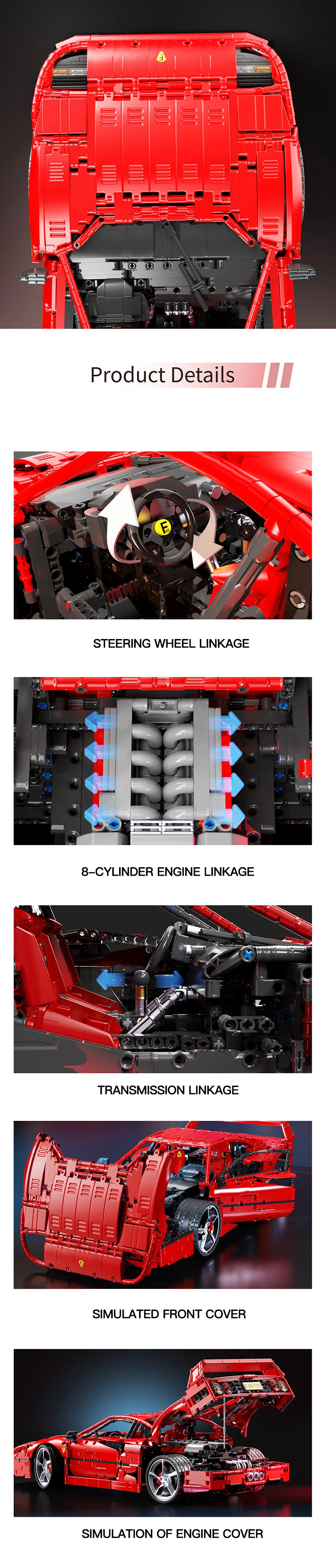 4026 Teile Technik X001 Rotes Supersportauto F40 Modell MOC-140629 Klassisches Rennwagen-Bauset DIY Montage-Spielzeug Geschenk – Detail 3