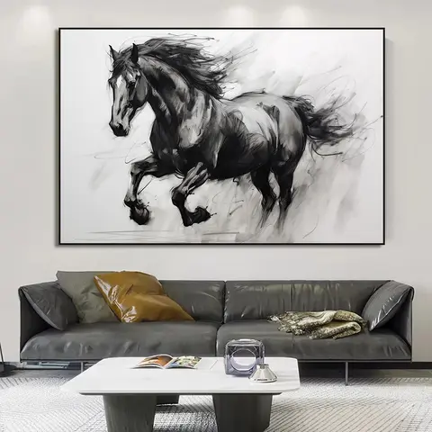 Modern Running Black Horse Expressive Equine Charcoal Animal Sketch Poster Canvas Painting Wall Art Pictures Home Interior Decor
