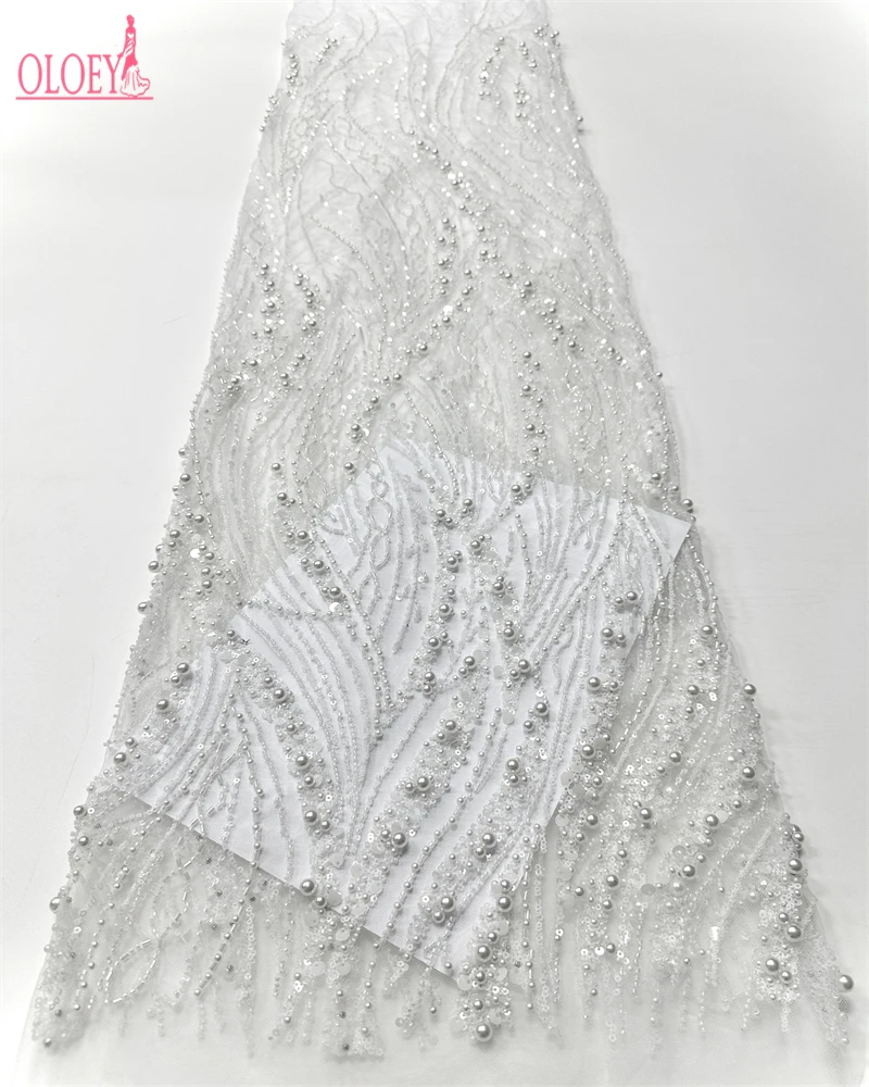 

OLOEY African French Sequined Lace Fabrics High Quality Tulle Lace Nigerian Beaded Embroidered Dress Material For Party W