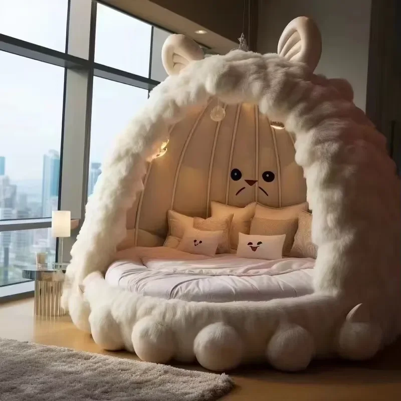 Velvet Kids Bed for Girls Cute Animal Design Comfortable Full Size Convertible Monster Tree House Theme Bedroom Furniture