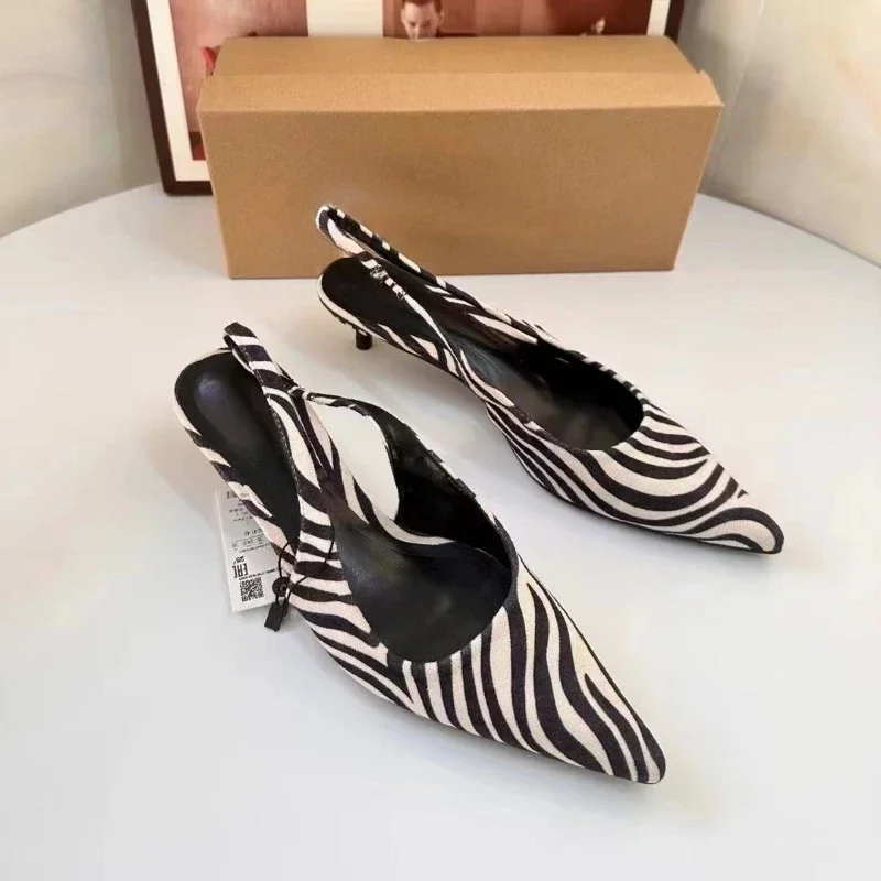 Bold and Stylish Pattern Women\'s Mid-Heel Sandals, Casual Slip-On with 3cm-5cm Heels 2025 Spring Sexy Slingbacks Ladies Shoes