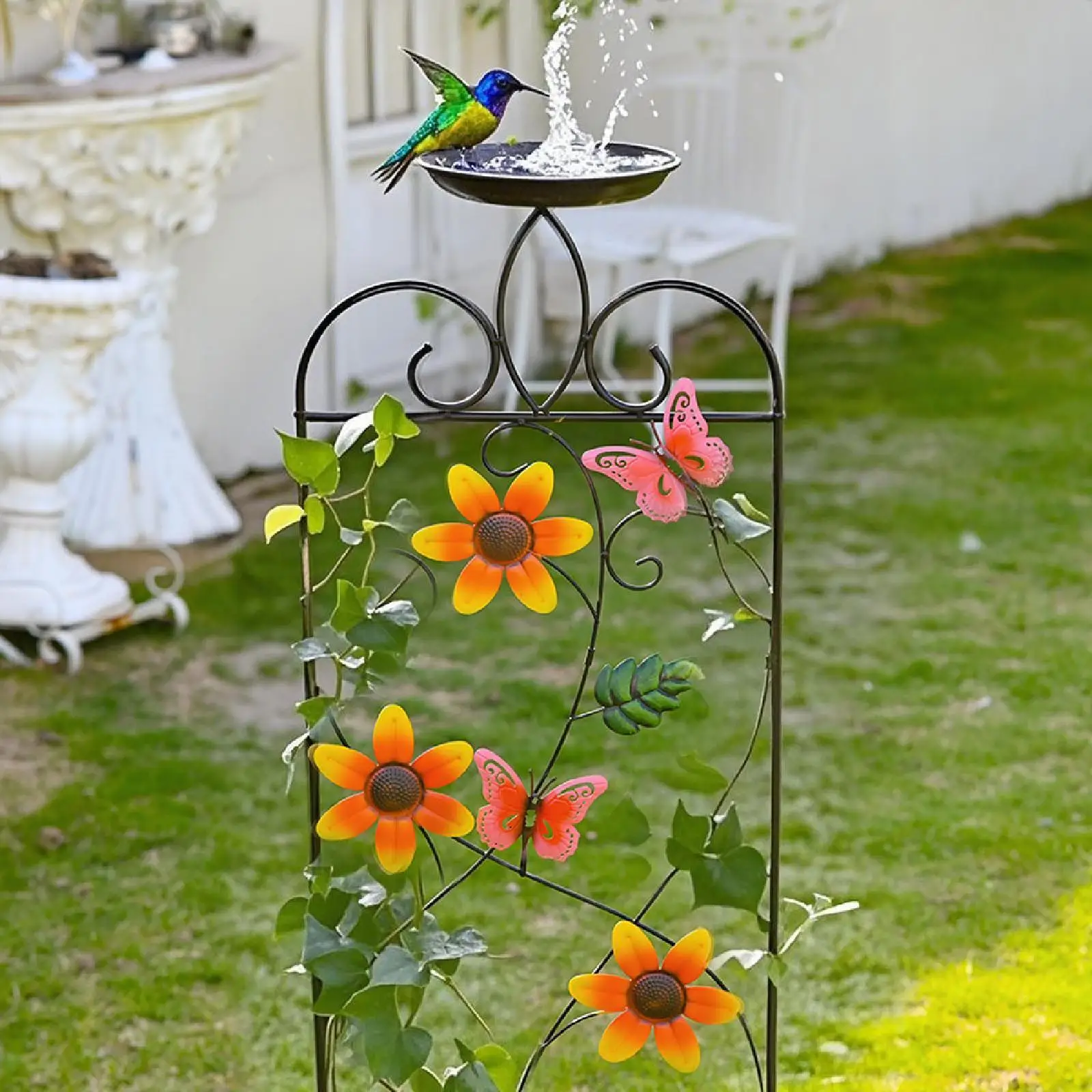 

Bird Bath with Trellis Birdfeeder Station Metal Vintage Style Decorative Birdbath Garden Plant Support for Outdoors Backyard