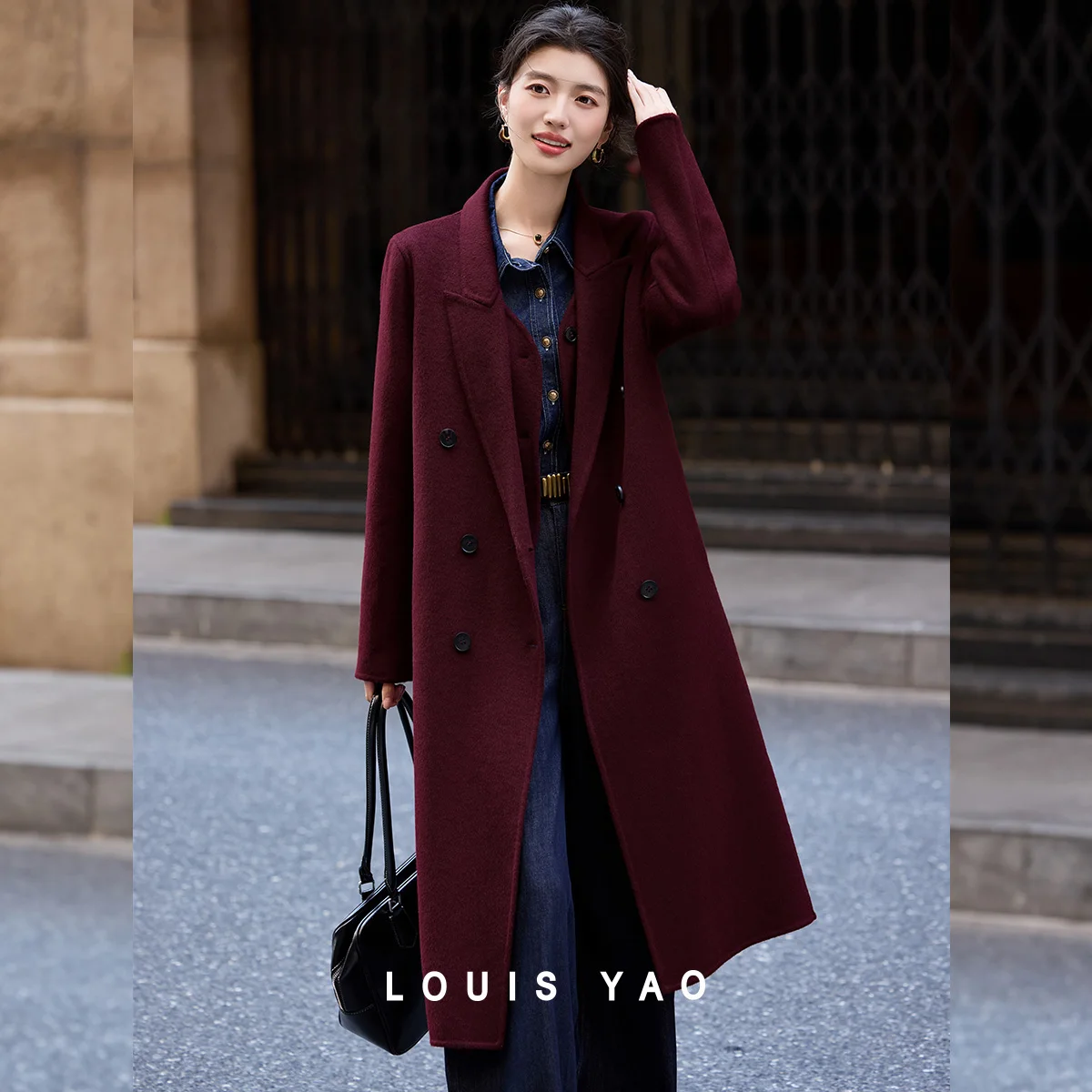 LOUIS YAO Business Commuter Style Wool Blend Women's Coat 2025 Autumn Fake Two-piece Coat Long Double-sided Woolen Suit Coat