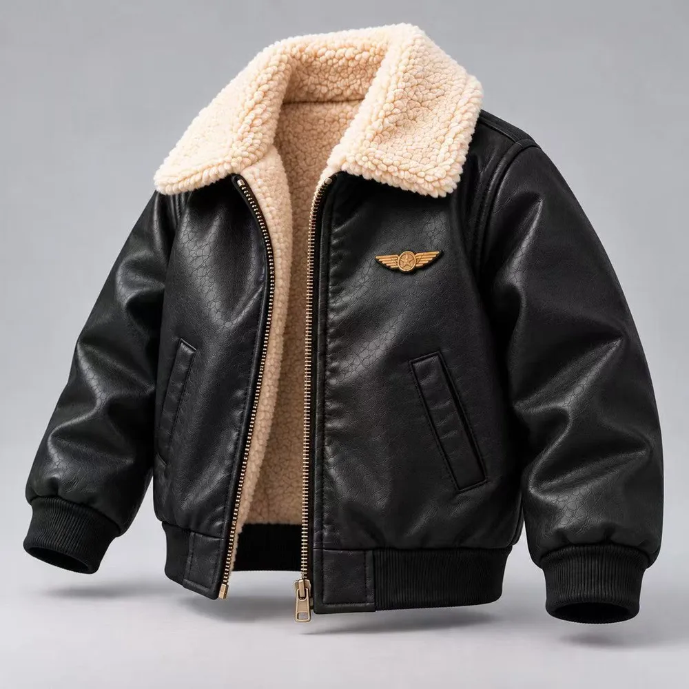 Kids Boys Pilot Leather Jacket Fur Collar Warm Bomber Coat for 6-12 Years Winter