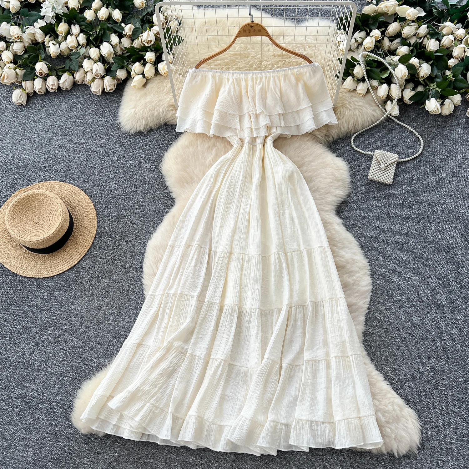 Verão slash neck midi vestido babados em camadas vestidos femininos boho plissado dobras costura praia férias novo em 2025 chique