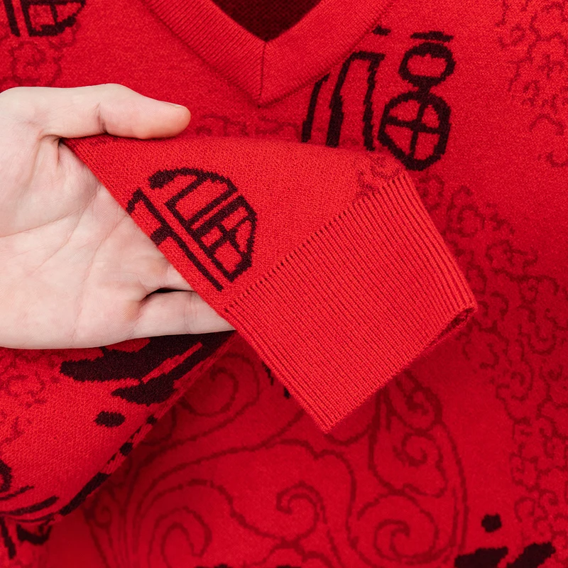 رجل فاخر النمط الصيني طويلة الأكمام تريكو الخامس الرقبة الطباعة الشتاء الساخن لينة الجلد ودية البلوز بسيطة أنيقة الترفيه #2