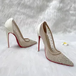 Summer pointed shallow mesh rhinestone sequins thin belt single shoes thin high-heeled dress large size small size women sandals