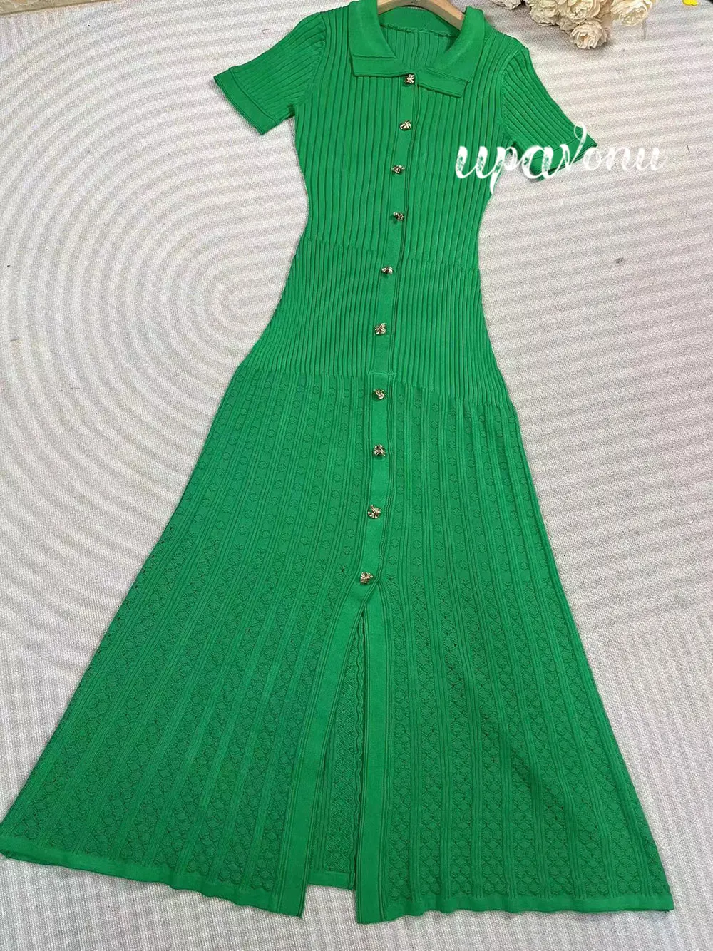 2024 Summer Casual Knitted Dress with Lapel Short Sleeve Slim Fit Single breasted Long Dress Elegant Evening Party Knitted Dress