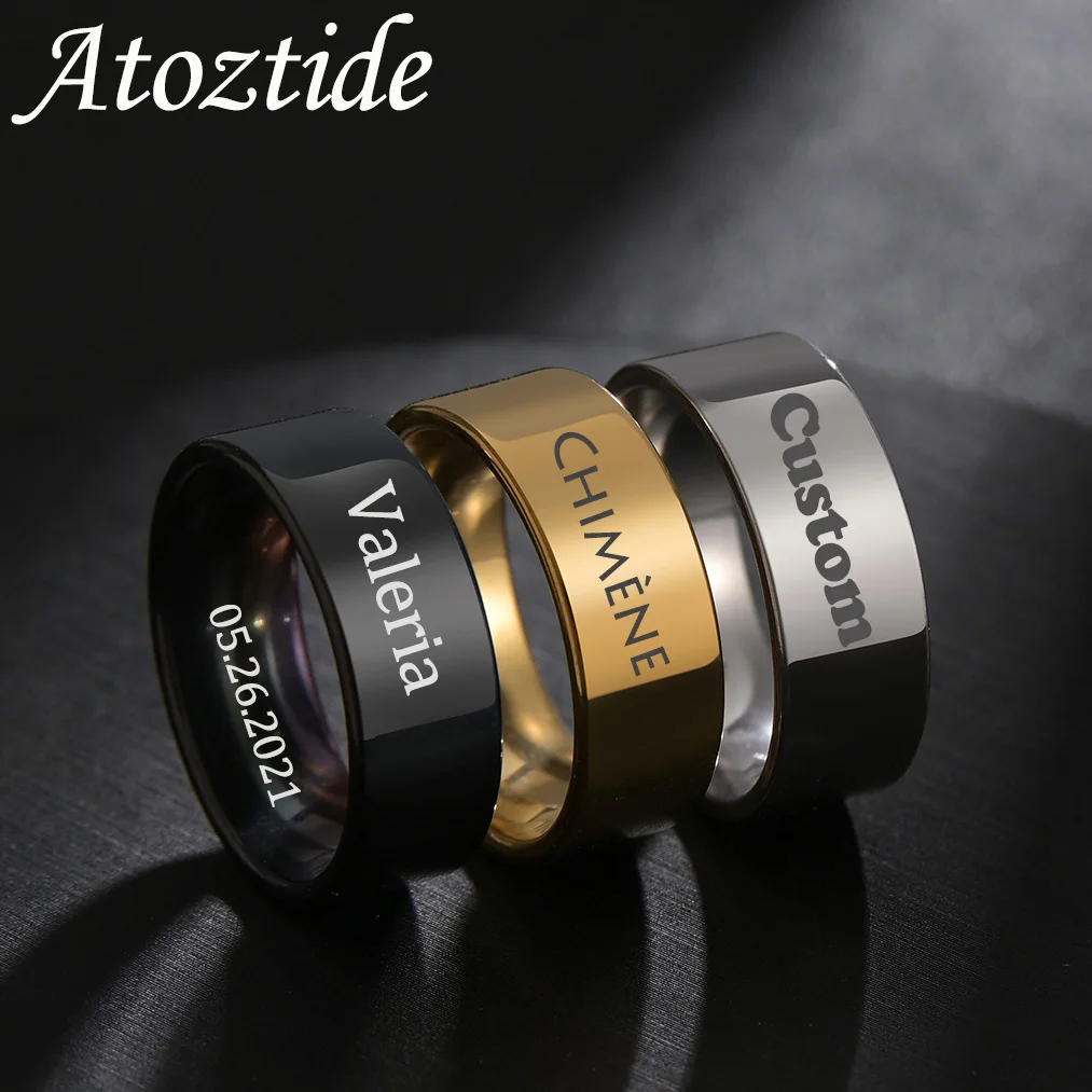 

Atoztide 8mm Personalized Engrave Name Rings Stainless Steel for Women Men Custom Date Wedding Band Engagement Jewelry Gift