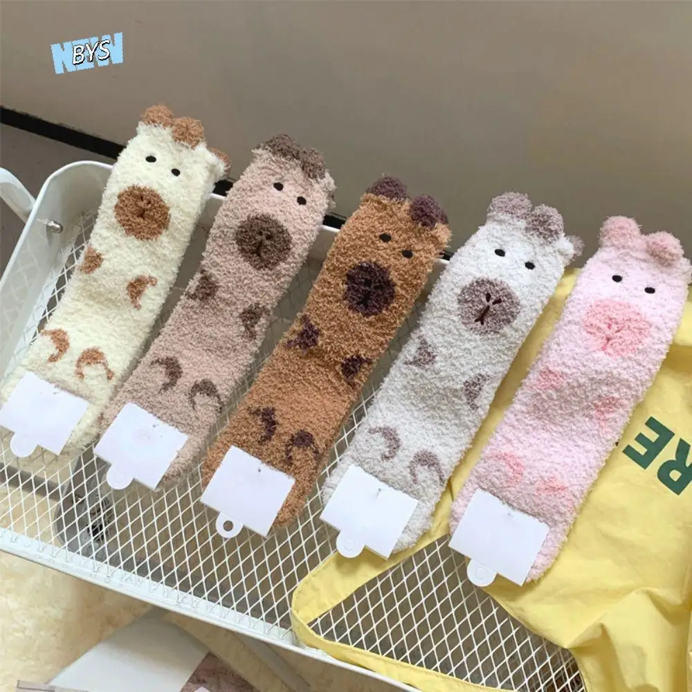

5Pairs Sweet Plush Capybara Fleece Socks Thicken Warm Sleeping Socks Women Soft Hosiery Coral Fleece Socks Women