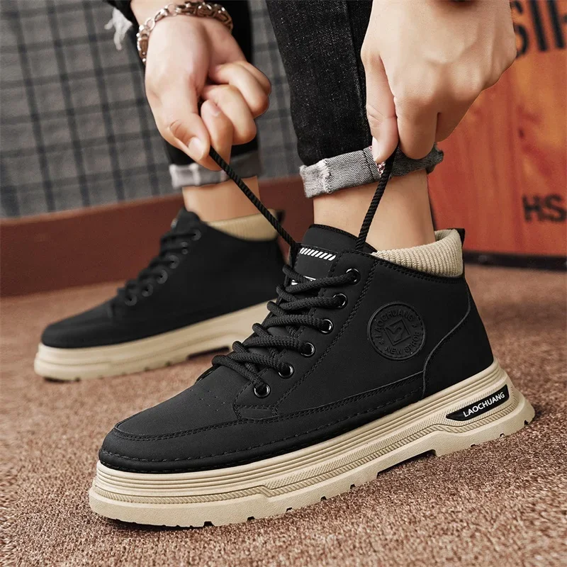 Men\'s Mid Top Boots Casual Shoes Classic Ankle Boots High Top Office Trendy Breathable Multifunctional Motorcycle Black Shoes