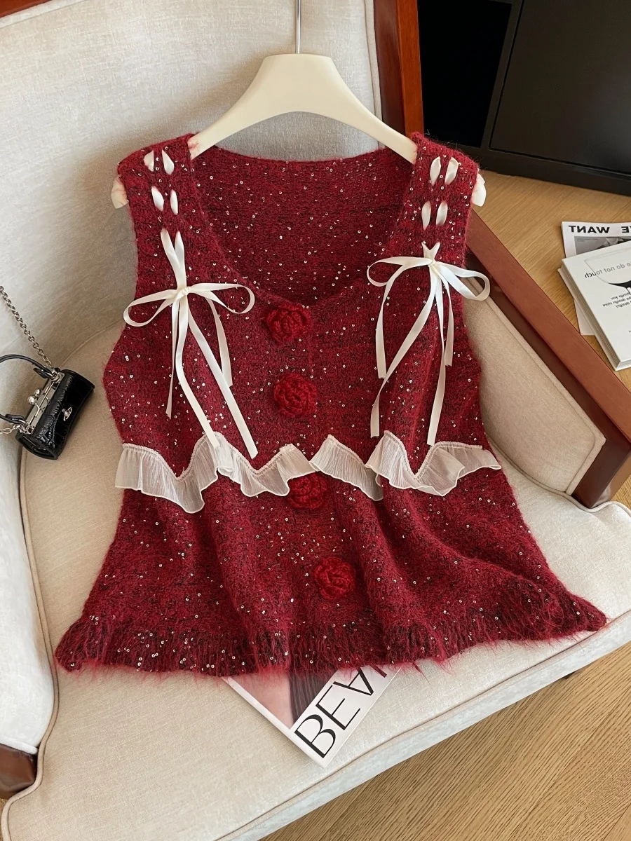 

Ele Red Sequin Vest Top for Women Spring 2026 Faionable Crochet Hollow out Svel Layering Slimming Outerwear
