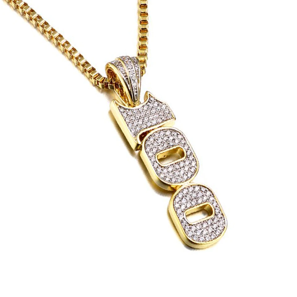 VANAXIN Hip Hop Number 100 Necklace for Men Women Cubic Zirconia Simple Charm Pendant Fashion brass 14k gold plated Jewelry