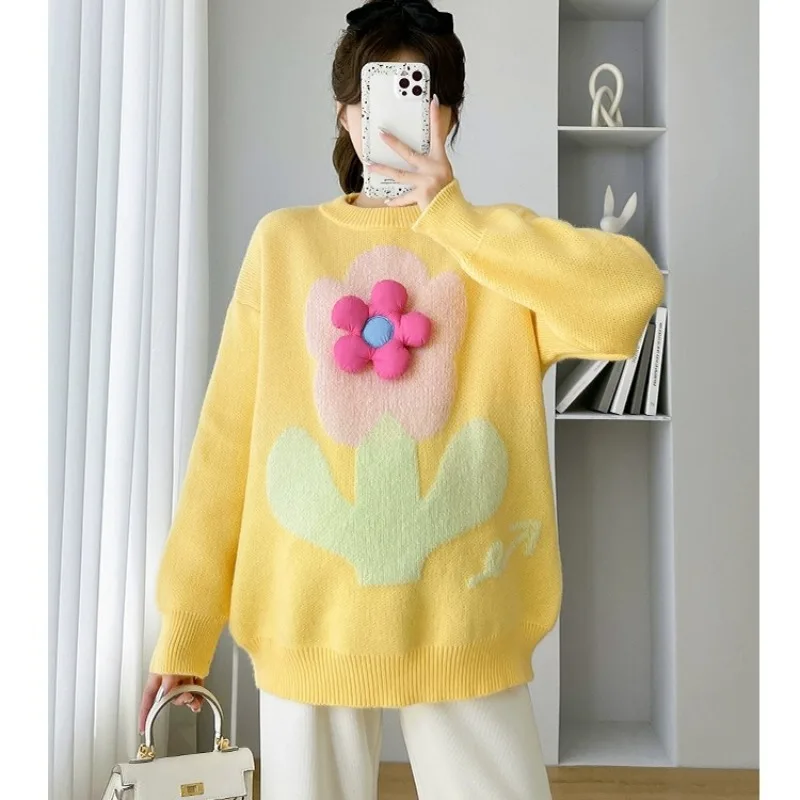 

New Round Neck Pullovers Knitted Sweaters Women's Autumn Korean Style Unique 3D Flower Knitwear Sweater Sweetheart Outerwear Top